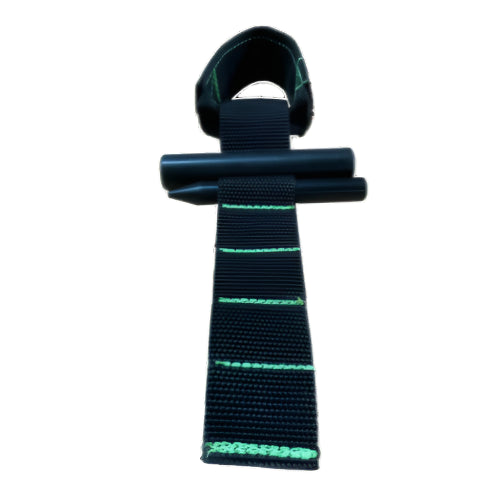 Black and green strap with a clip on a white background